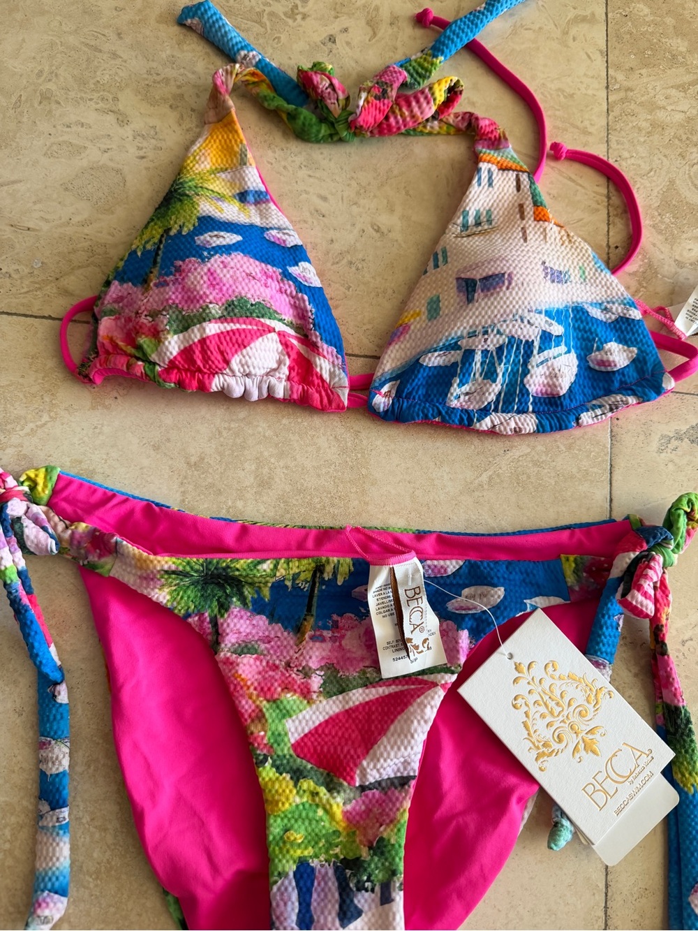 Becca Island Print Triangle Bikini Top & Tie-Side Bottoms - Pink Multi - Picture 2 of 10